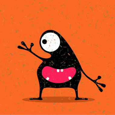 Turuncu yeşil zemin üzerine duygularla sevimli siyah canavar. 