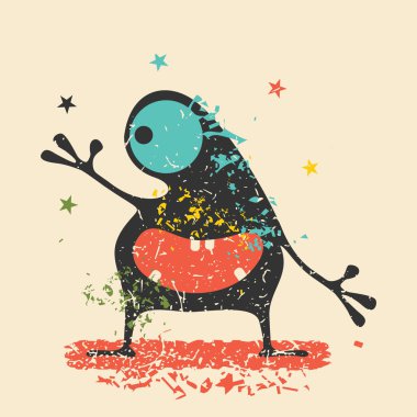 Retro grunge arka plan üzerinde duygularla sevimli siyah canavar. Karikatür Çizim. 