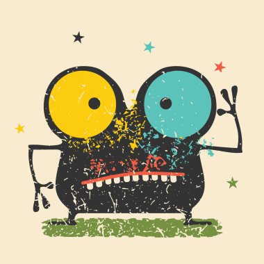 Retro grunge arka plan üzerinde duygularla sevimli siyah canavar. Karikatür Çizim. 