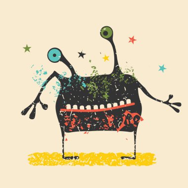 Retro grunge arka plan üzerinde duygularla sevimli siyah canavar. Karikatür Çizim. 