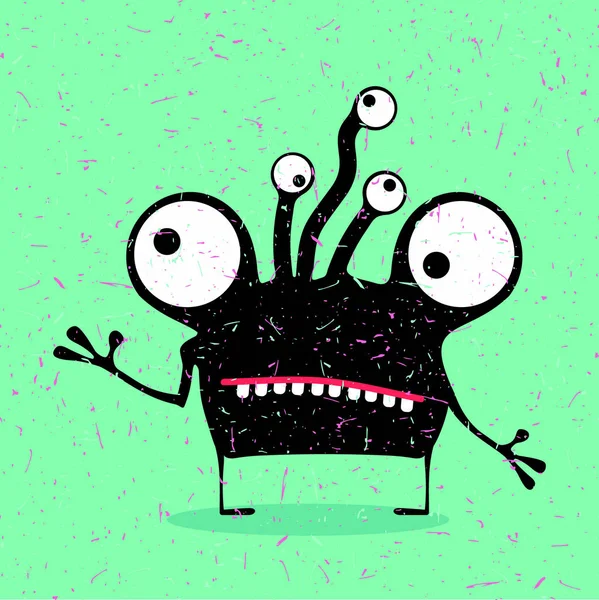 Mignon monstre noir avec des émotions sur fond vert clair grunge . — Image vectorielle
