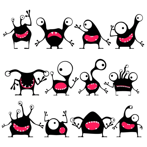 Set of twelve cute black monsters with different emotions isolated on white — Stock Vector