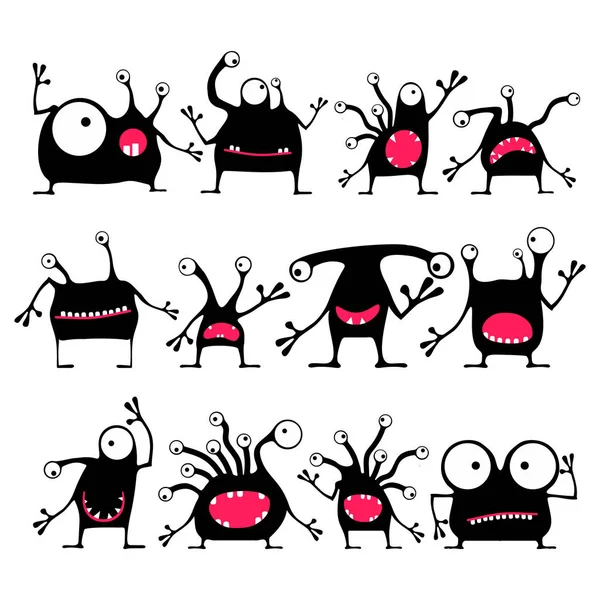 Set von zwölf niedlichen schwarzen Monstern mit unterschiedlichen Emotionen isoliert auf weiß — Stockvektor