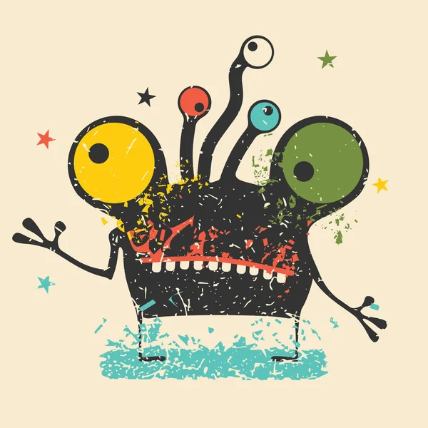 Roztomilé černé monstrum s emocemi na retro grunge pozadí. Kreslený obrázek. — Stockový vektor