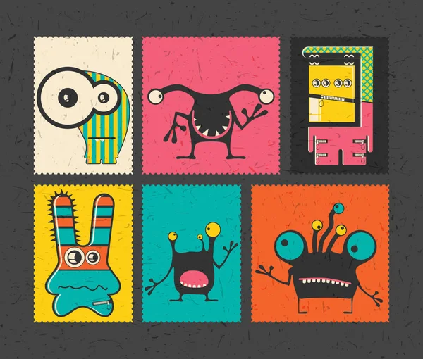 Set de seis sellos de franqueo retro con divertidos monstruos sobre fondo de diferentes colores . — Vector de stock