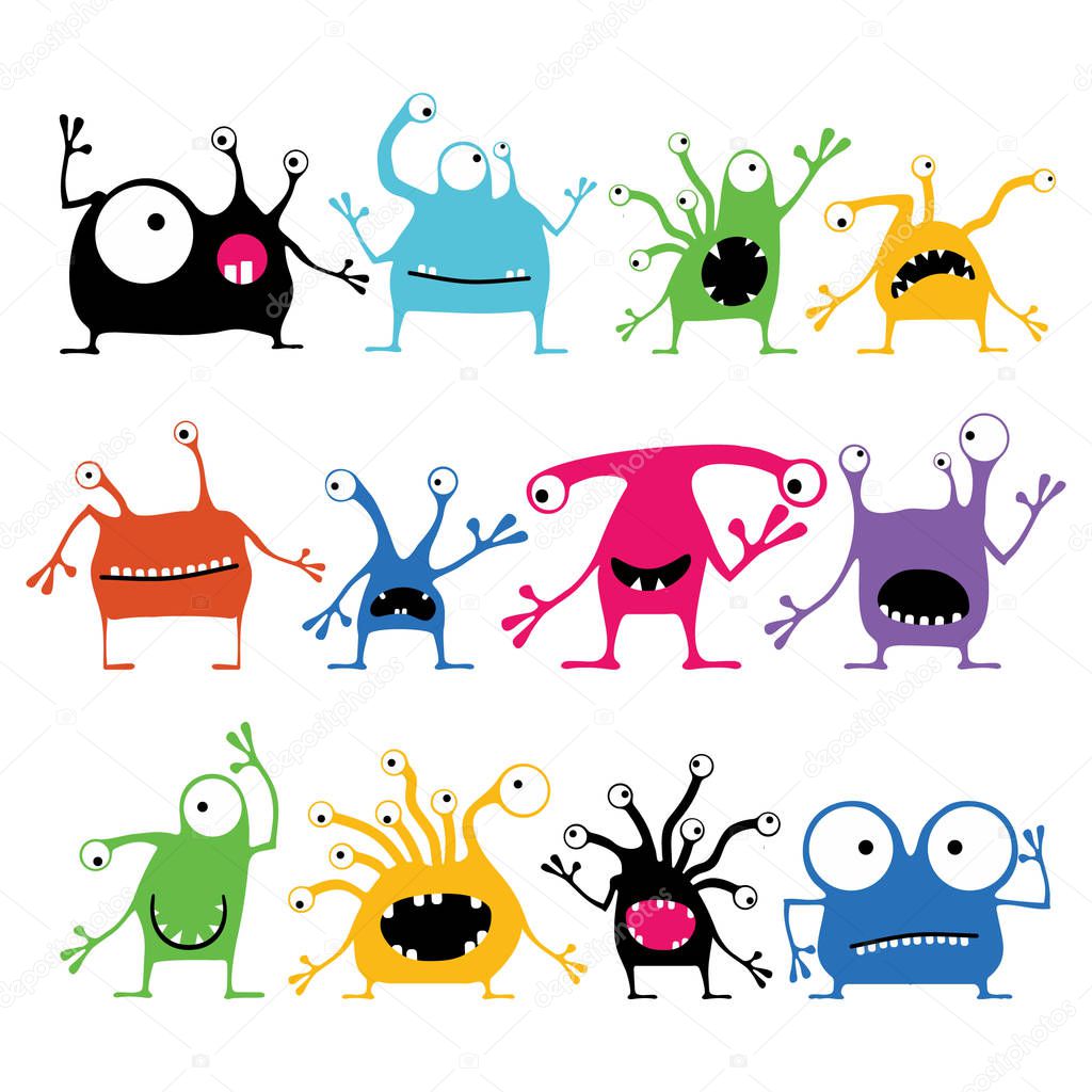 Set of twelve cute color monsters with different emotions isolated on white
