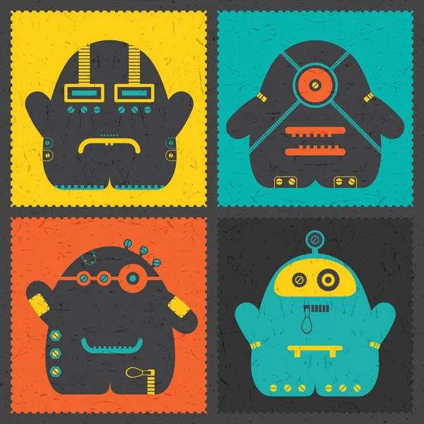 Set van vier retro van postzegel met grappige monsters op andere kleur achtergrond. — Stockvector