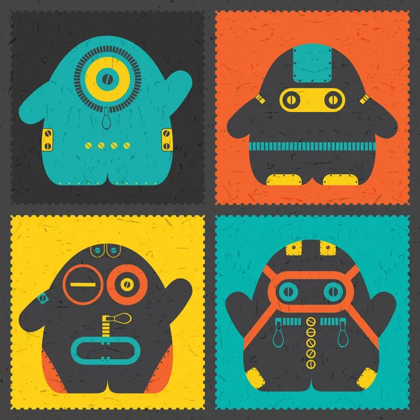 Serie von vier Retro-Briefmarken mit lustigen Monstern auf verschiedenfarbigem Hintergrund. — Stockvektor