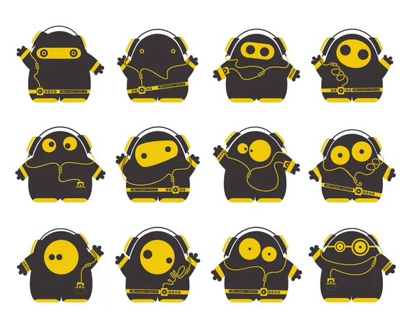 Σύνολο των δώδεκα χαριτωμένο χαρακτήρες μαύρο και κίτρινο με συσκευή αναπαραγωγής ήχου ακούγοντας μουσική στα ακουστικά που απομονώνονται σε λευκό. — Διανυσματικό Αρχείο