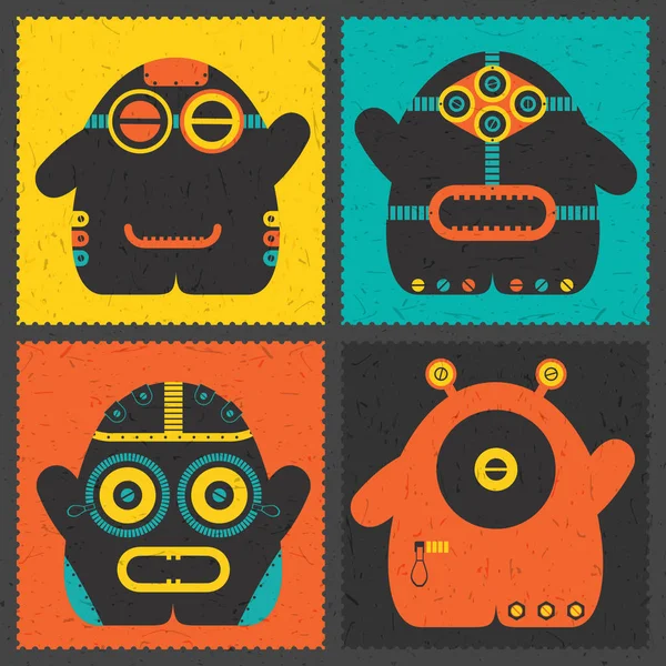 Set of four retro postage`s stamp with funny monsters on different color background. — Stock Vector