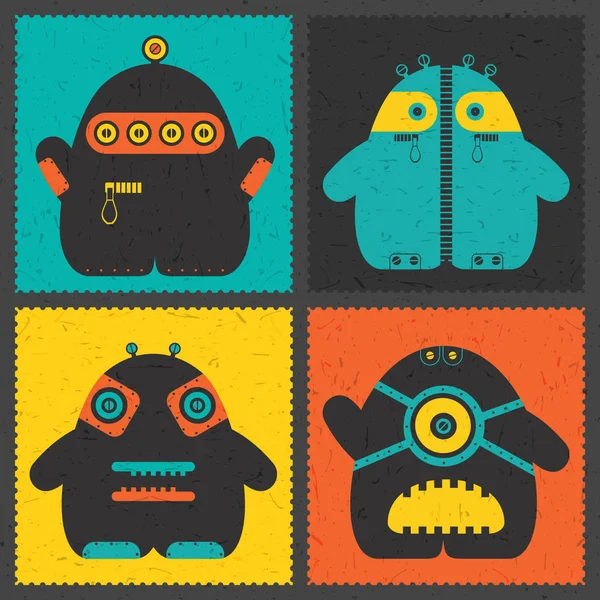 Serie von vier Retro-Briefmarken mit lustigen Monstern auf verschiedenfarbigem Hintergrund. — Stockvektor