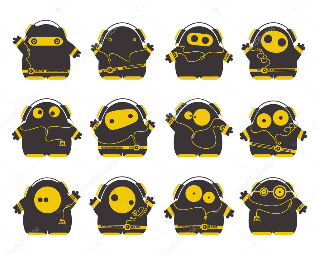 Set of twelve cute black and yellow characters with audio player listening music in headphones isolated on white. 