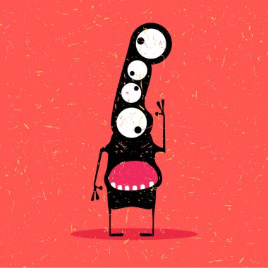 Grunge kırmızı zemin üzerine duygularla sevimli siyah canavar. 