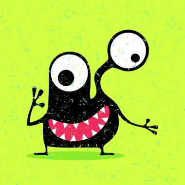 Grunge yeşil zemin üzerine duygularla sevimli siyah canavar. 