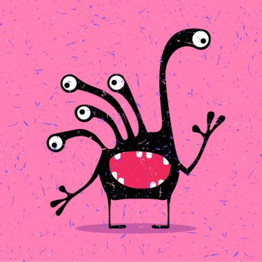 Grunge pembe arka plan üzerinde duygularla sevimli siyah canavar. 