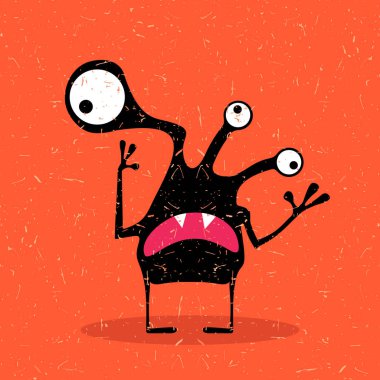 Grunge kırmızı zemin üzerine duygularla sevimli siyah canavar. 