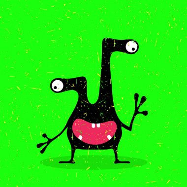 Grunge yeşil zemin üzerine duygularla sevimli siyah canavar. 