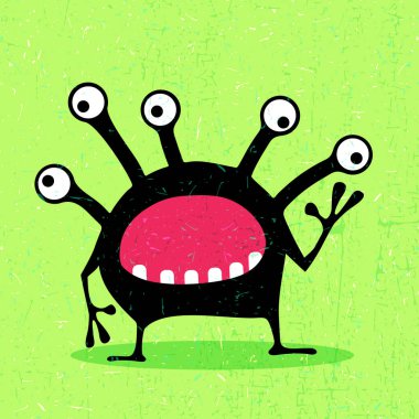 Grunge yeşil zemin üzerine duygularla sevimli siyah canavar. 