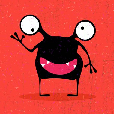 Grunge kırmızı zemin üzerine duygularla sevimli siyah canavar. 