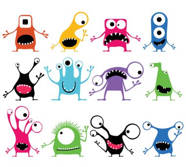 Küme farklı duygular üzerinde beyaz izole ile on iki şirin renk canavarlar, 