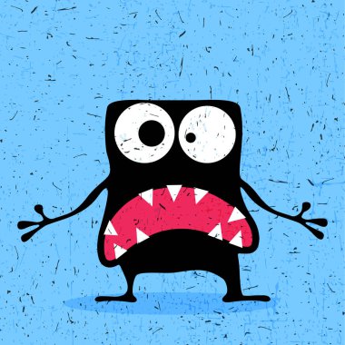 Grunge mavi zemin üzerine duygularla sevimli siyah canavar. 