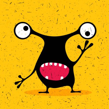 Grunge Sarı zemin üzerine duygularla sevimli siyah canavar. 