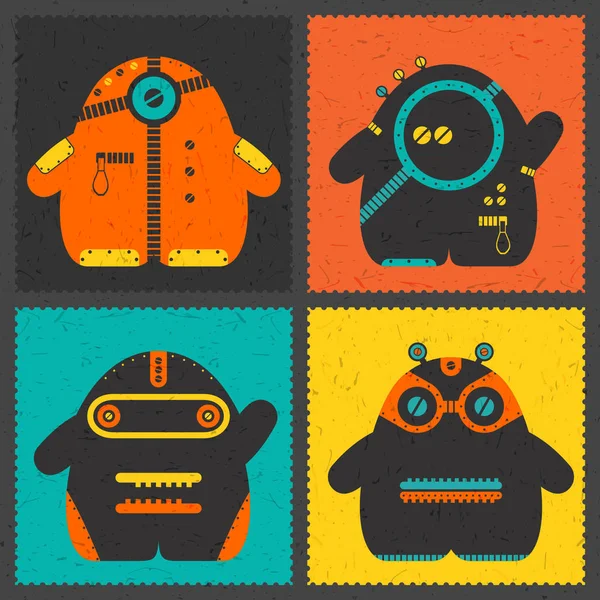 Set of four retro postage`s stamp with funny monsters on different color background. — Stock Vector