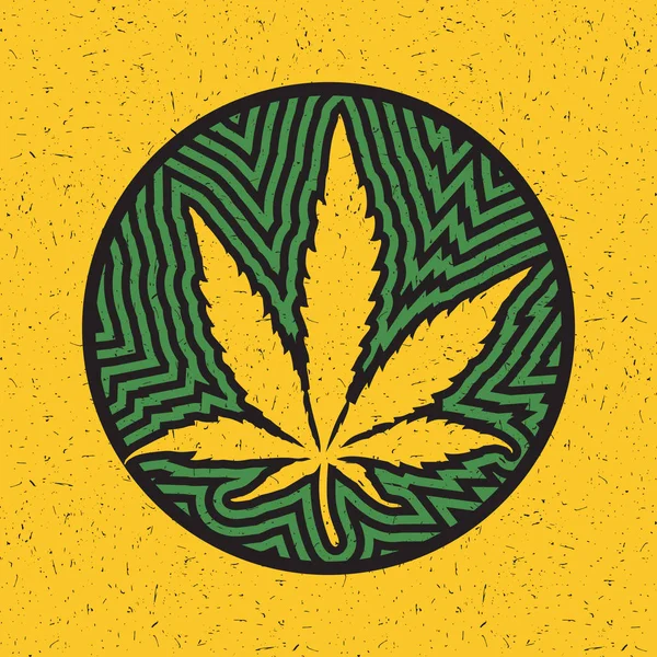 Feuille de cannabis en cercle avec bandes vertes sur fond jaune grunge — Image vectorielle