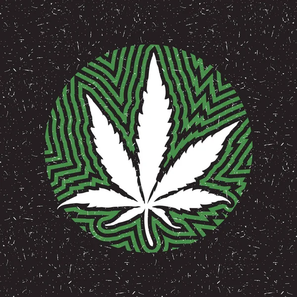 Weißes Cannabisblatt im Kreis mit grünen Streifen auf schwarzem Grunge-Hintergrund. — Stockvektor