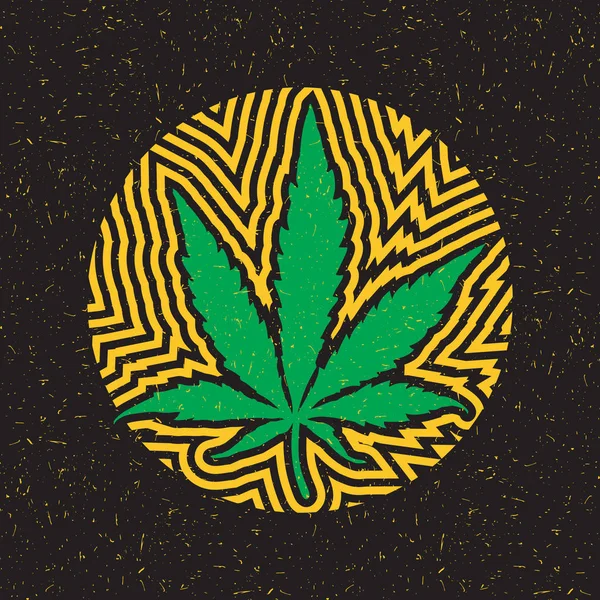 Foglia di cannabis verde in cerchio con strisce gialle su sfondo nero grunge — Vettoriale Stock