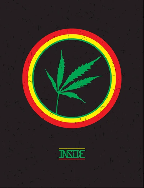 Groene Cannabis blad in gele en rode cirkel op grunge achtergrond. — Stockvector