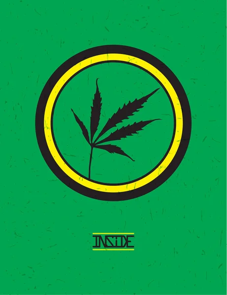 Daun Cannabis hitam dalam lingkaran kuning dan hitam pada latar belakang grunge . - Stok Vektor