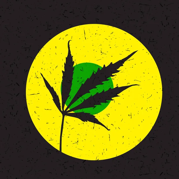Cannabis leaf in yellow and green circle on black background. Vector illustration — Stock Vector