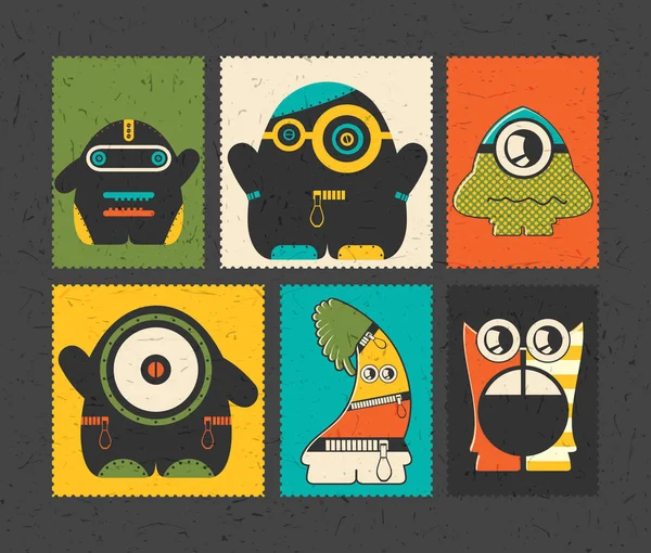 Conjunto de seis selos de postagem retro com monstros engraçados em diferentes cores de fundo . —  Vetores de Stock