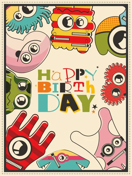 Szczęśliwy urodziny prezent karty z potworami ładny kolor. Ilustracja kreskówka. Pocztówka zaproszenia — Wektor stockowy