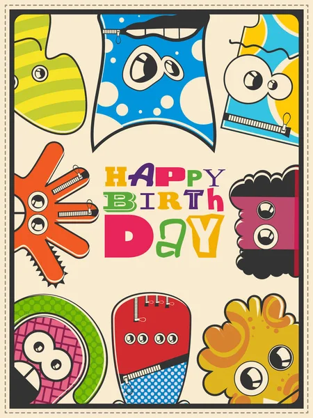 Happy birthday gift card with cute color monsters. Cartoon illustration. Invitation postcard — Stock Vector