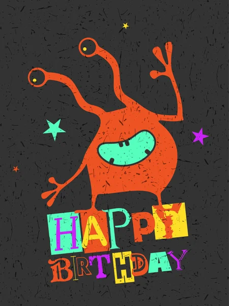 Tarjeta de regalo de cumpleaños feliz con lindo monstruo de color . — Vector de stock