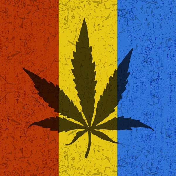 Cannabis leaf op grunge rode, gele, blauwe vlag. — Stockvector