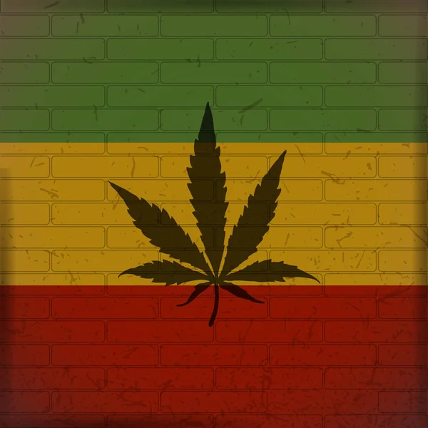 Hoja de cannabis en ladrillo grunge rastafarian bandera de la pared . — Vector de stock