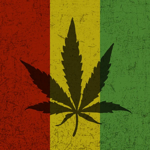 Cannabis Blatt auf Grunge rastafarischer Flagge. — Stockvektor