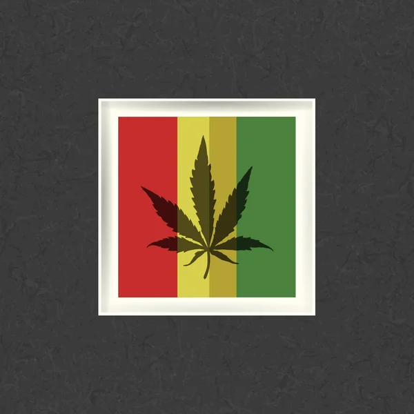 Foglia di cannabis in cornice bianca e forme grunge sulla bandiera rastafariana . — Vettoriale Stock