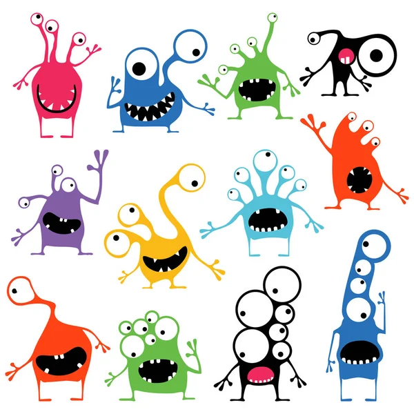 Set of twelve cute color monsters with different emotions isolated on white, — Stock Vector