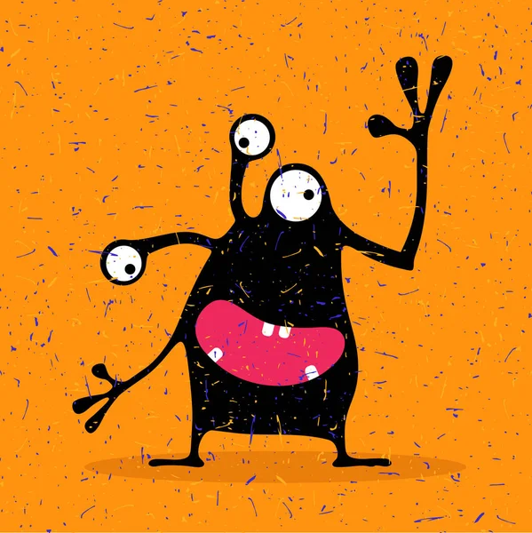 Carino mostro nero con emozioni su sfondo arancione grunge . — Vettoriale Stock