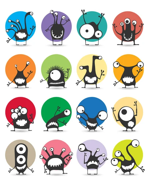Conjunto de dieciséis pegatinas de color con monstruos lindos. Dibujos animados ilustración. Conjunto de vectores — Archivo Imágenes Vectoriales
