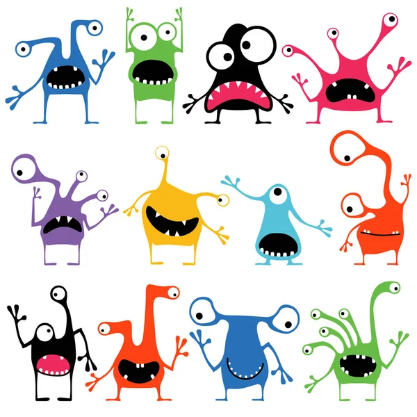 Set of twelve cute color monsters with different emotions isolated on white, — Stock Vector