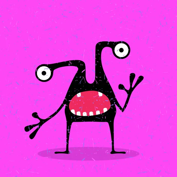 Cute black monster with emotions on grunge pink background. — Stock Vector
