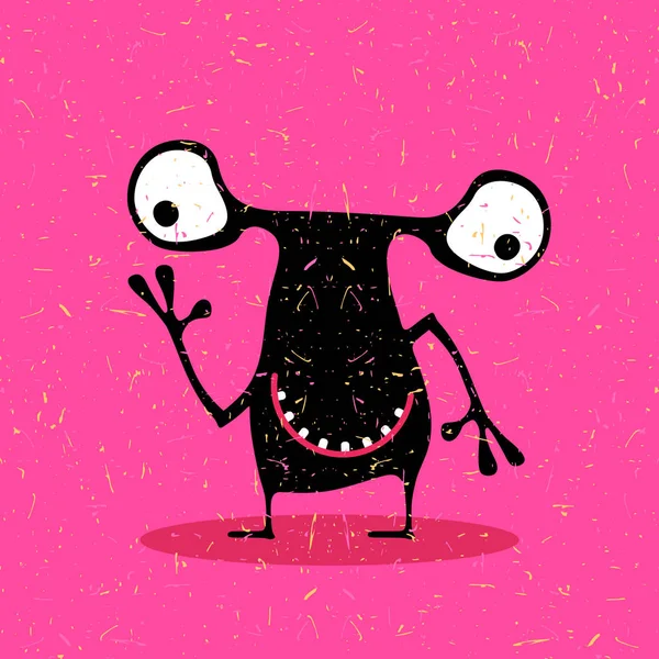 Cute black monster with emotions on grunge pink background. — Stock Vector