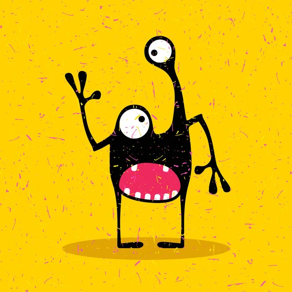 Cute black monster with emotions on grunge yellow background. — Stock Vector