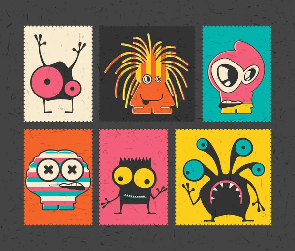 Set of six retro postage`s stamp with funny monsters on different color background. — Stock Vector