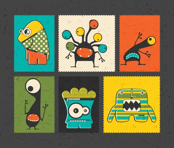 Készlet-ból hat retro postai bélyeg-a furcsa szörnyek különböző színű háttér. — Stock Vector